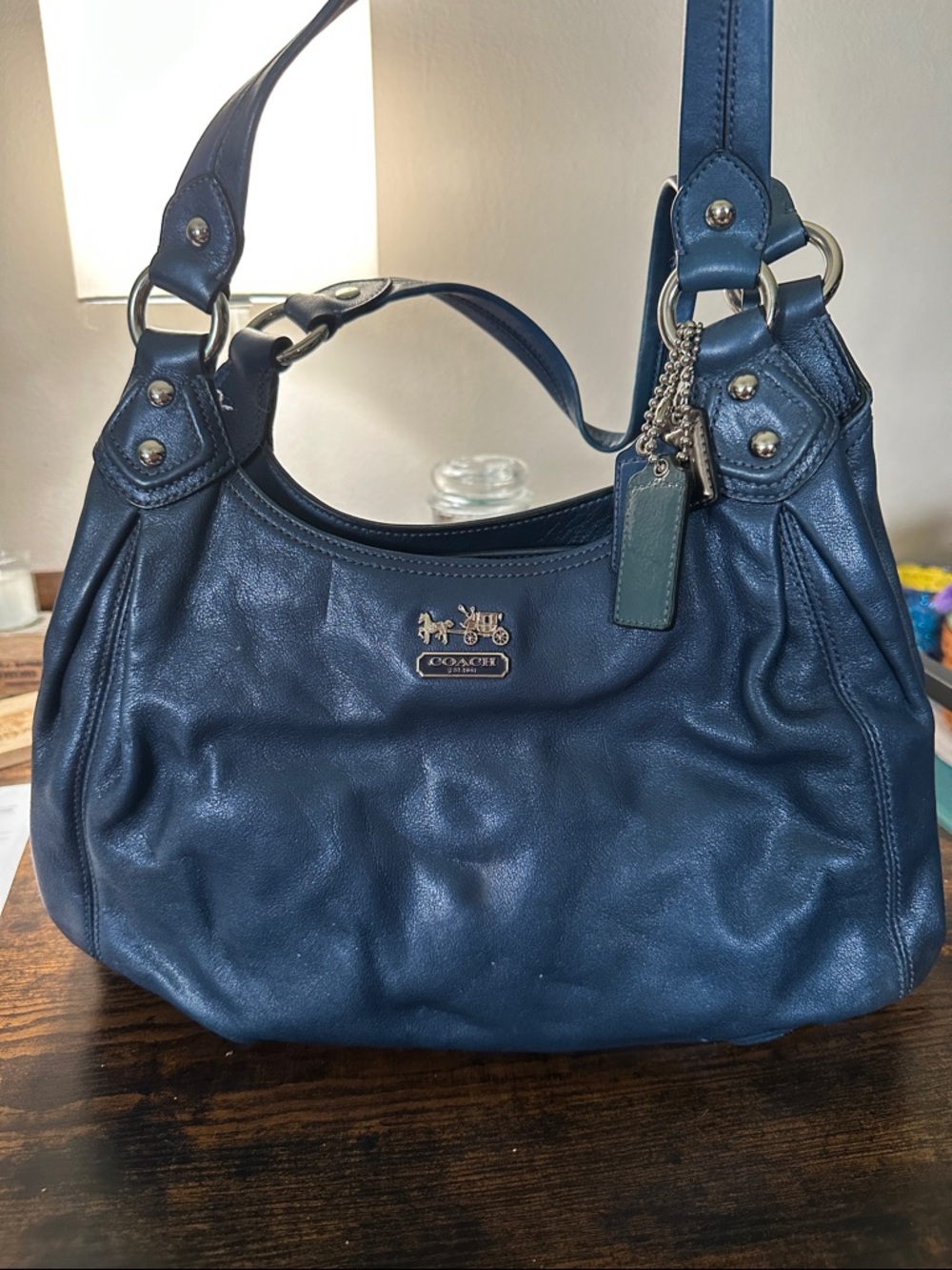 Coach Navy Leather Shoulder Bag with Charm